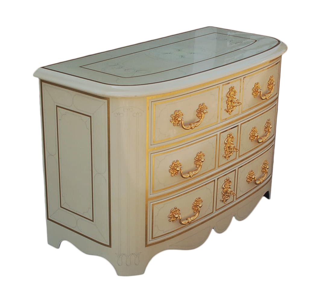 Late 20th Century Matching Pair of Italian Ivory White Lacquer Commodes or Chests with Gold Leaf