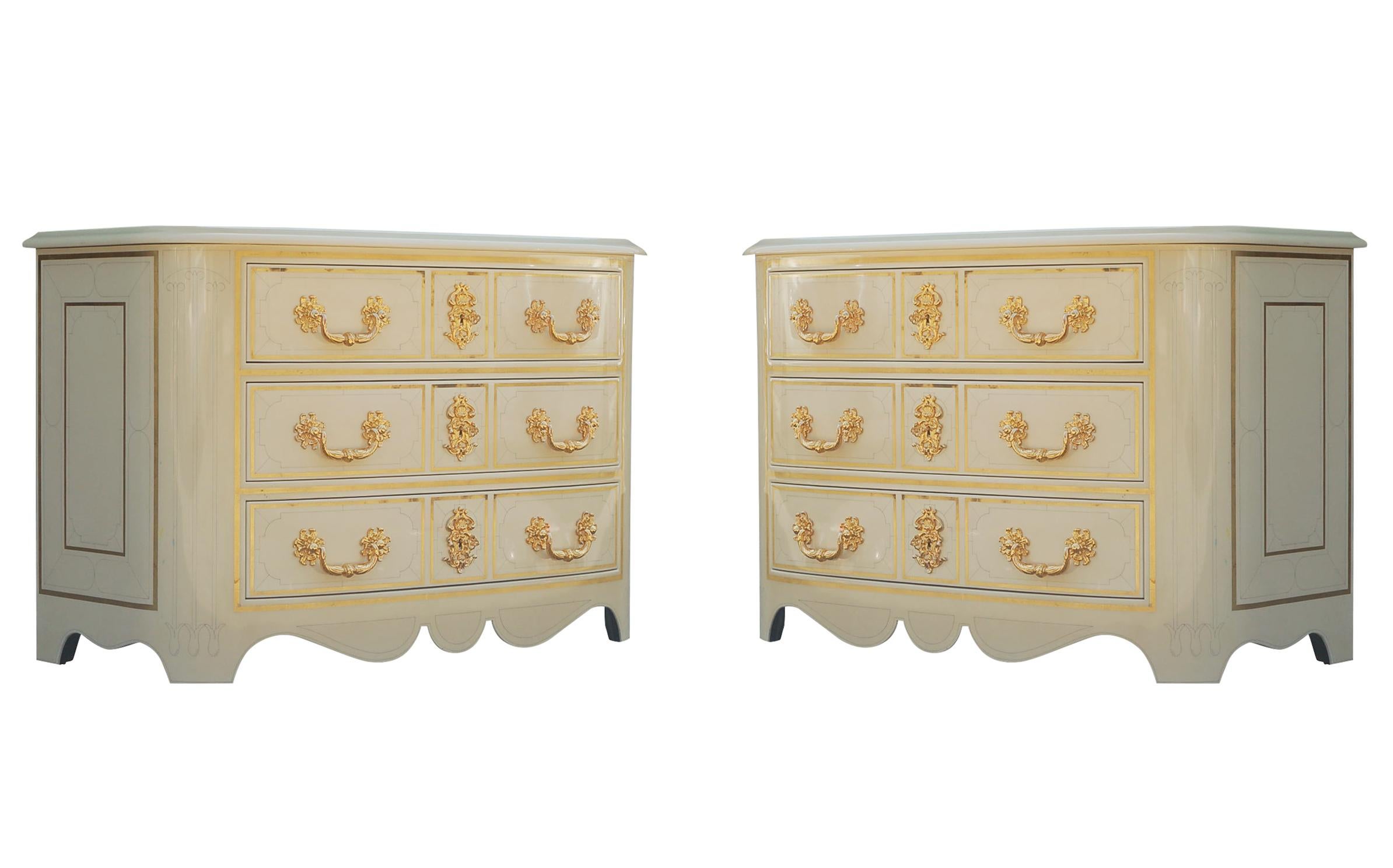 Gold Plate Matching Pair of Italian Ivory White Lacquer Commodes or Chests with Gold Leaf