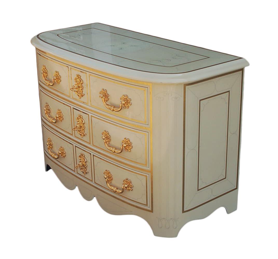 Matching Pair of Italian Ivory White Lacquer Commodes or Chests with Gold Leaf 2