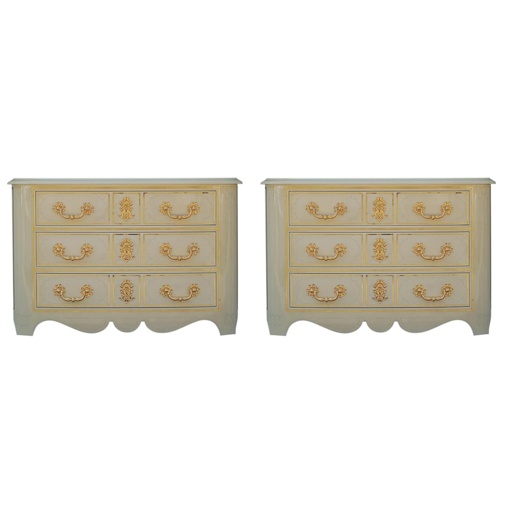 Matching Pair of Italian Ivory White Lacquer Commodes or Chests with Gold Leaf