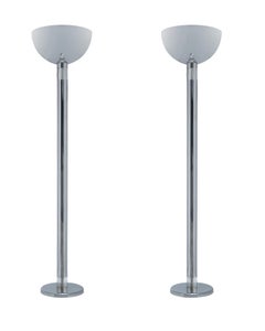 Matching Pair of Karl Springer Modern Chrome & Lucite Torchiere Floor Lamps