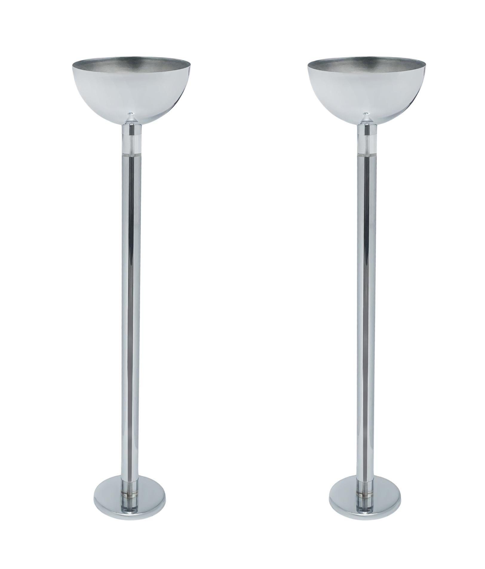Mid-Century Modern Matching Pair of Karl Springer Modern Chrome & Lucite Torchiere Floor Lamps For Sale