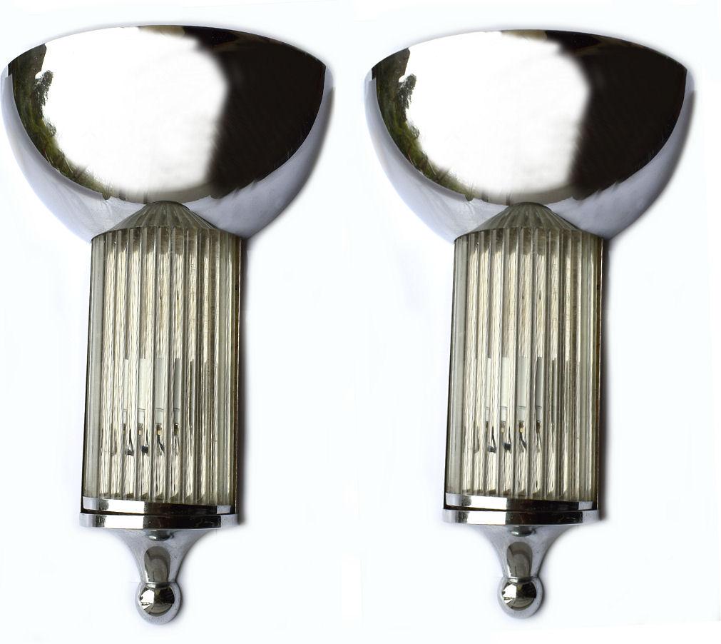 20th Century Matching Pair of Large Chrome and Glass Art Deco Style Wall Light Sconces