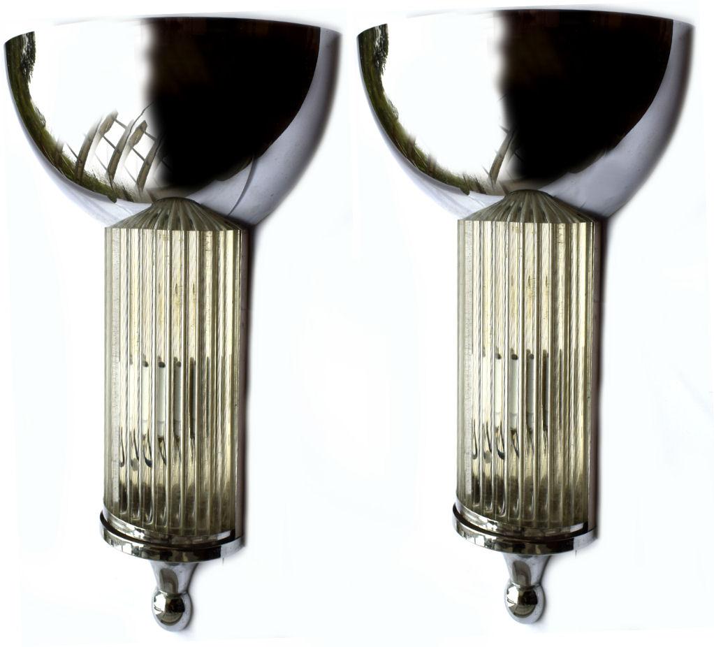Matching Pair of Large Chrome and Glass Art Deco Style Wall Light Sconces 3