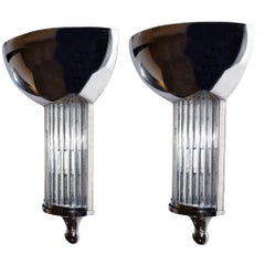 Matching Pair of Large Chrome and Glass Art Deco Style Wall Light Sconces