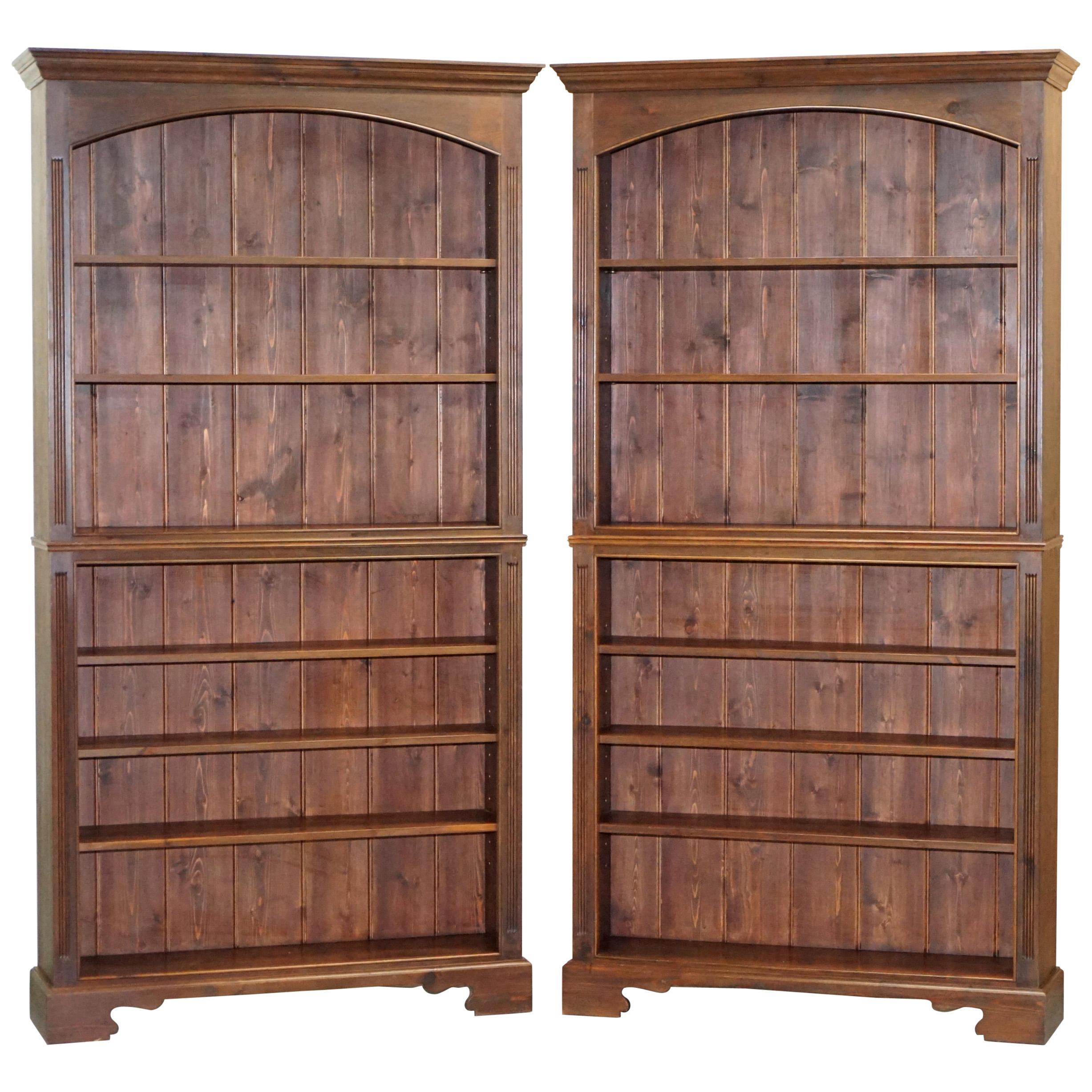 Matching Pair of Large Vintage Library Bookcases in Pine with Adjustable Shelves