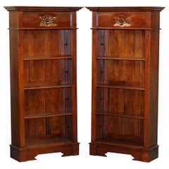 Matching Pair of Lovely Ornately Carved Panelled Mahogany Library Bookcases