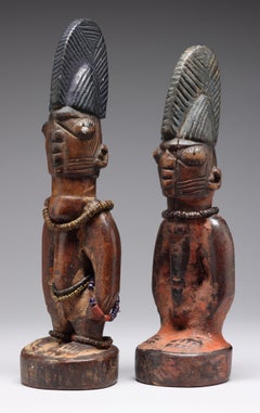 Matching Pair of Male Yoruba Twin Figures Ibeji Nigeria African Crested Hair
