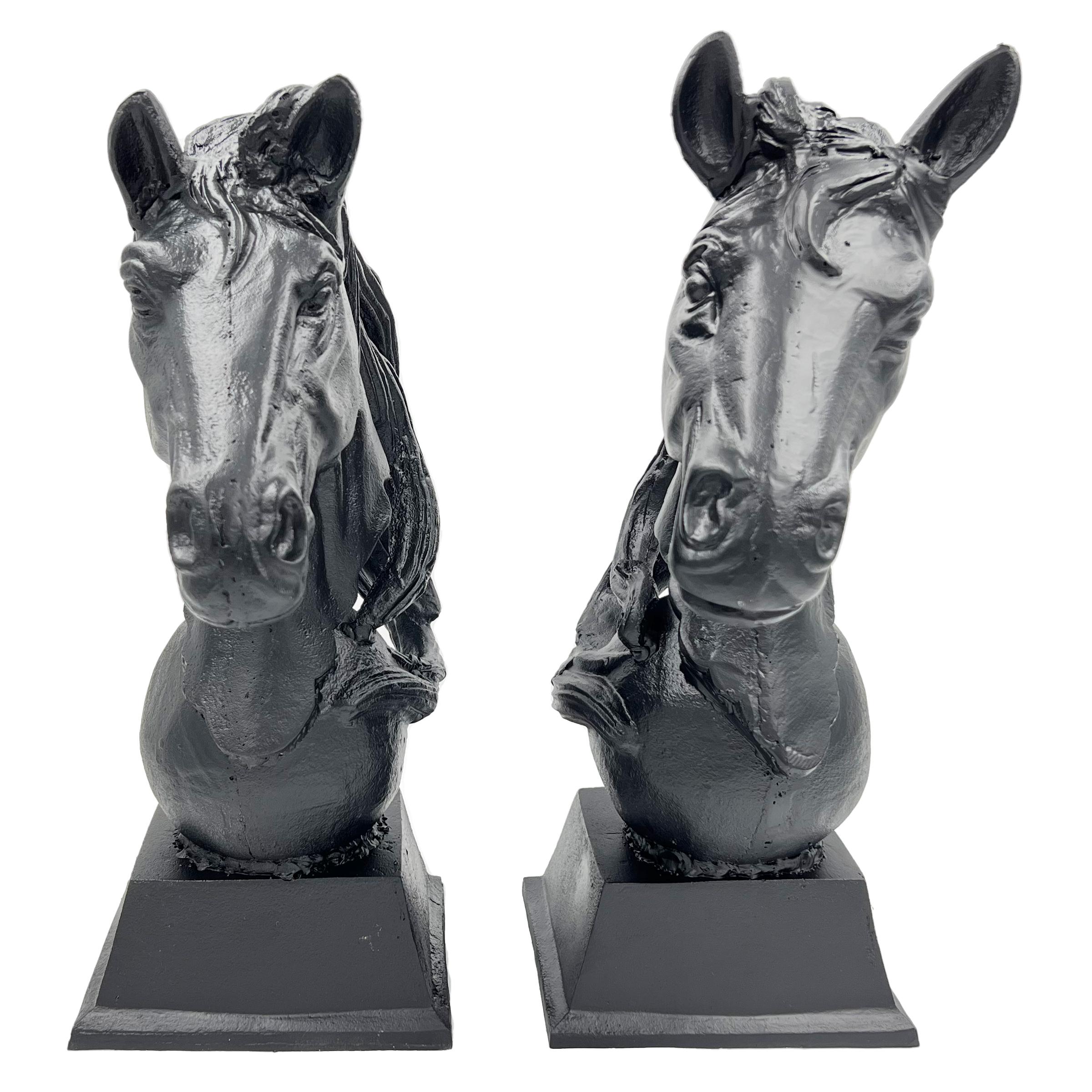 Exquisite metal horse busts form a captivating matching pair that hails from the mid-20th century, In a sleek and elegant black colour. Each horse bust is skillfully raised on a round ball shape, which, in turn, rests gracefully atop a square base,