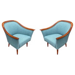 Vintage Matching Pair of Mid Century Danish Modern Lounge Chairs in Teak & Sage Tweed