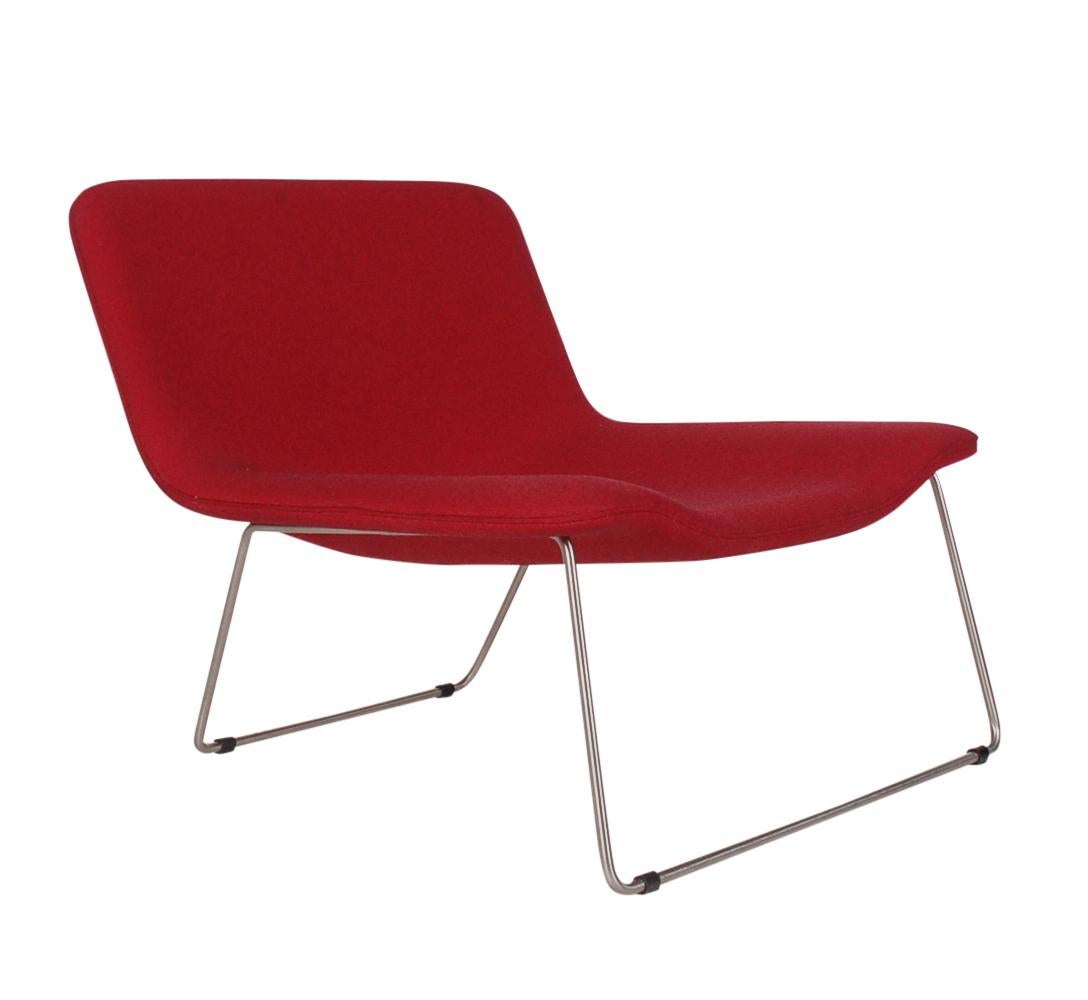 Fabric Matching Pair of Midcentury Italian Postmodern Red Lounge Chairs by Cappellini For Sale