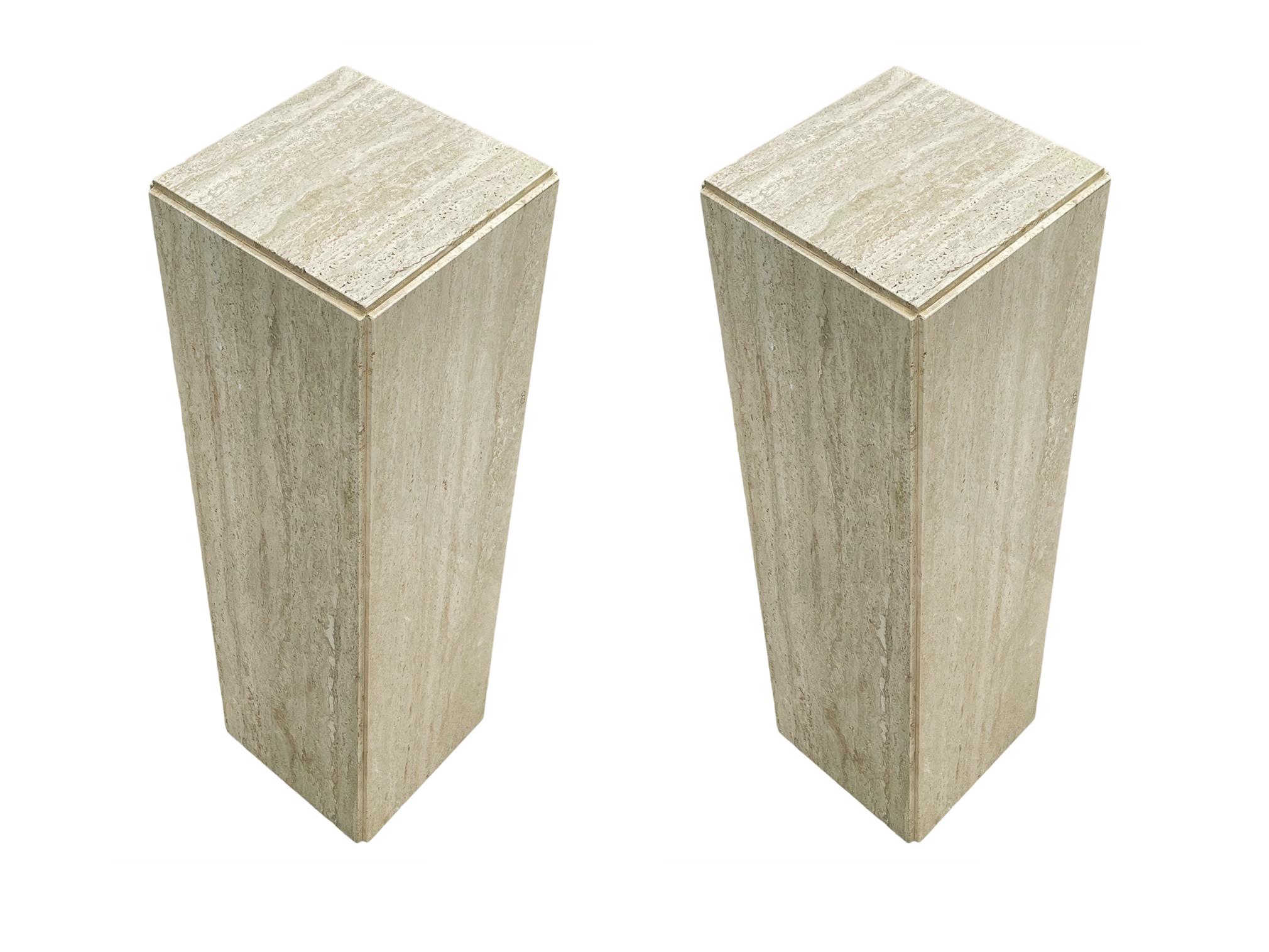 Matching Pair of Mid Century Italian Post Modern Travertine Marble Pedestals 1