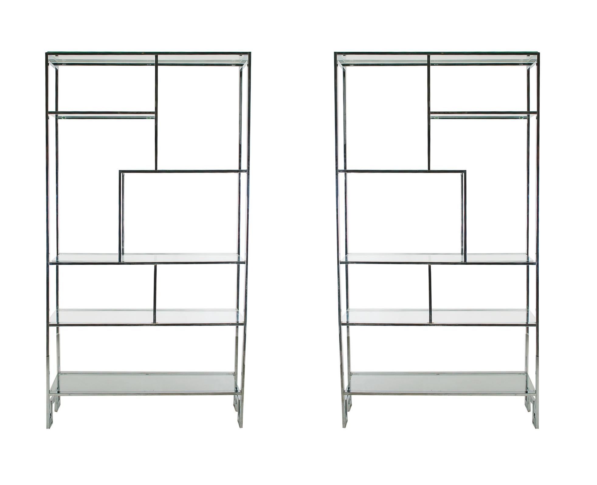 Steel Matching Pair of Mid-Century Modern Chrome and Glass Etagere after Milo Baughman