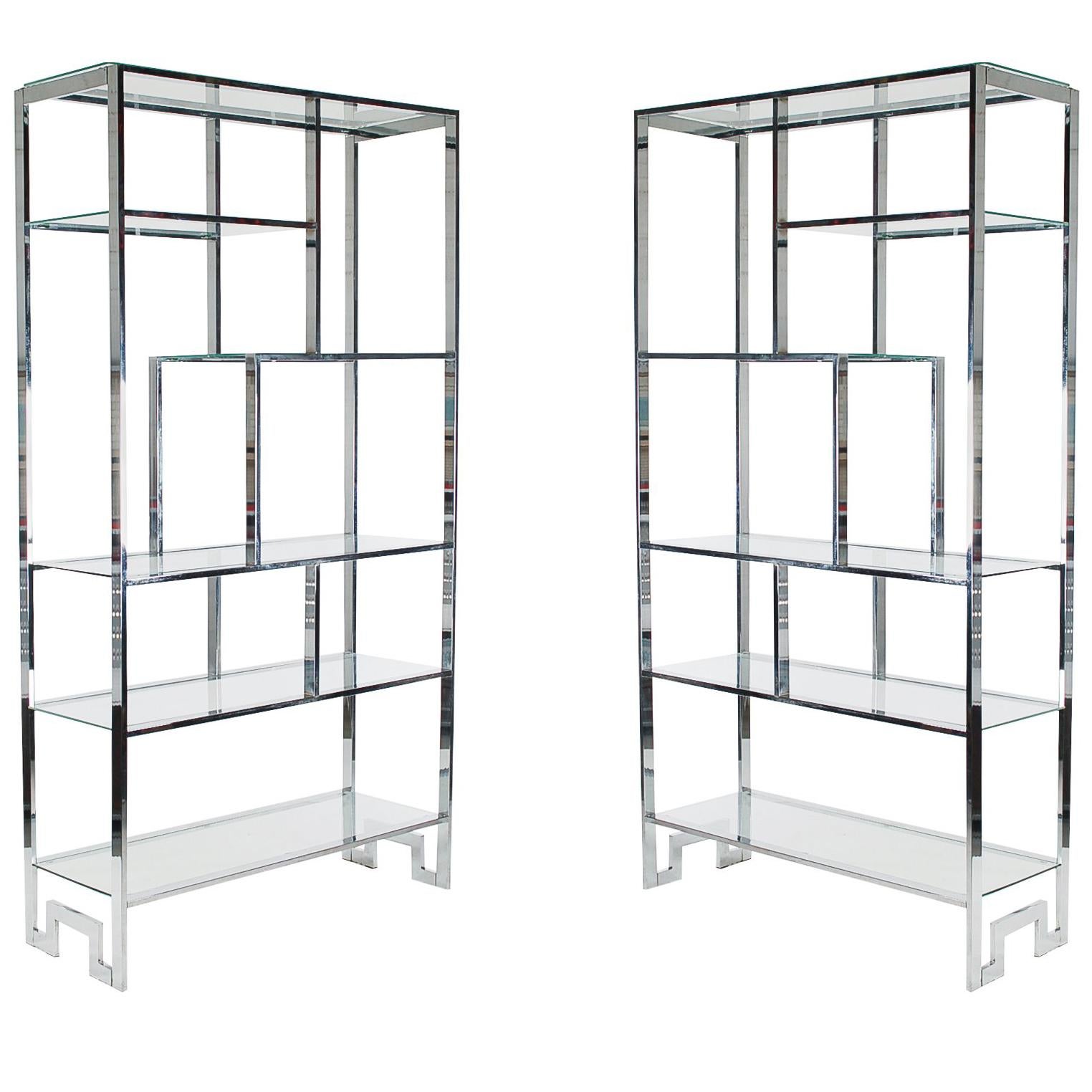 Matching Pair of Mid-Century Modern Chrome and Glass Etagere after Milo Baughman