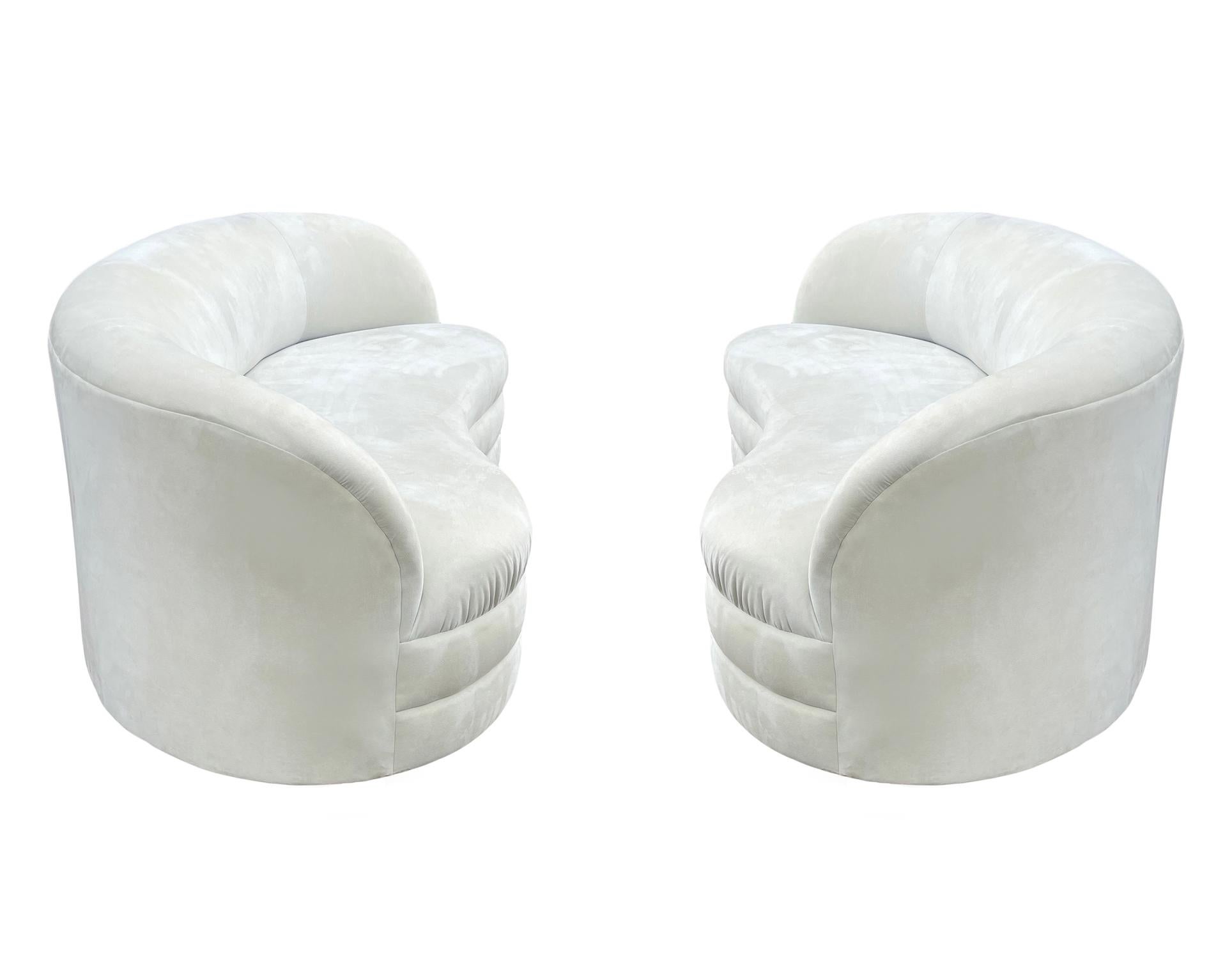 Velvet Matching Pair of Mid-Century Modern Curved Kidney Sofas or Loveseats For Sale