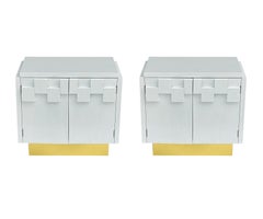 Matching Pair of Mid-Century Modern Night Stands in White with Brass Base