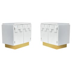 Matching Pair of Mid-Century Modern Night Stands in White with Brass Base