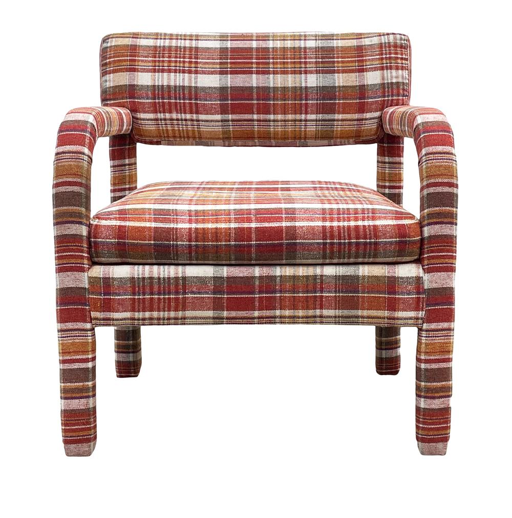A handsome matching pair of armchairs circa 1970's. These feature open arm design and retain their original upholstery. Recovering is recommended but usable as is. We have 4 in stock and they're priced by the pair. 