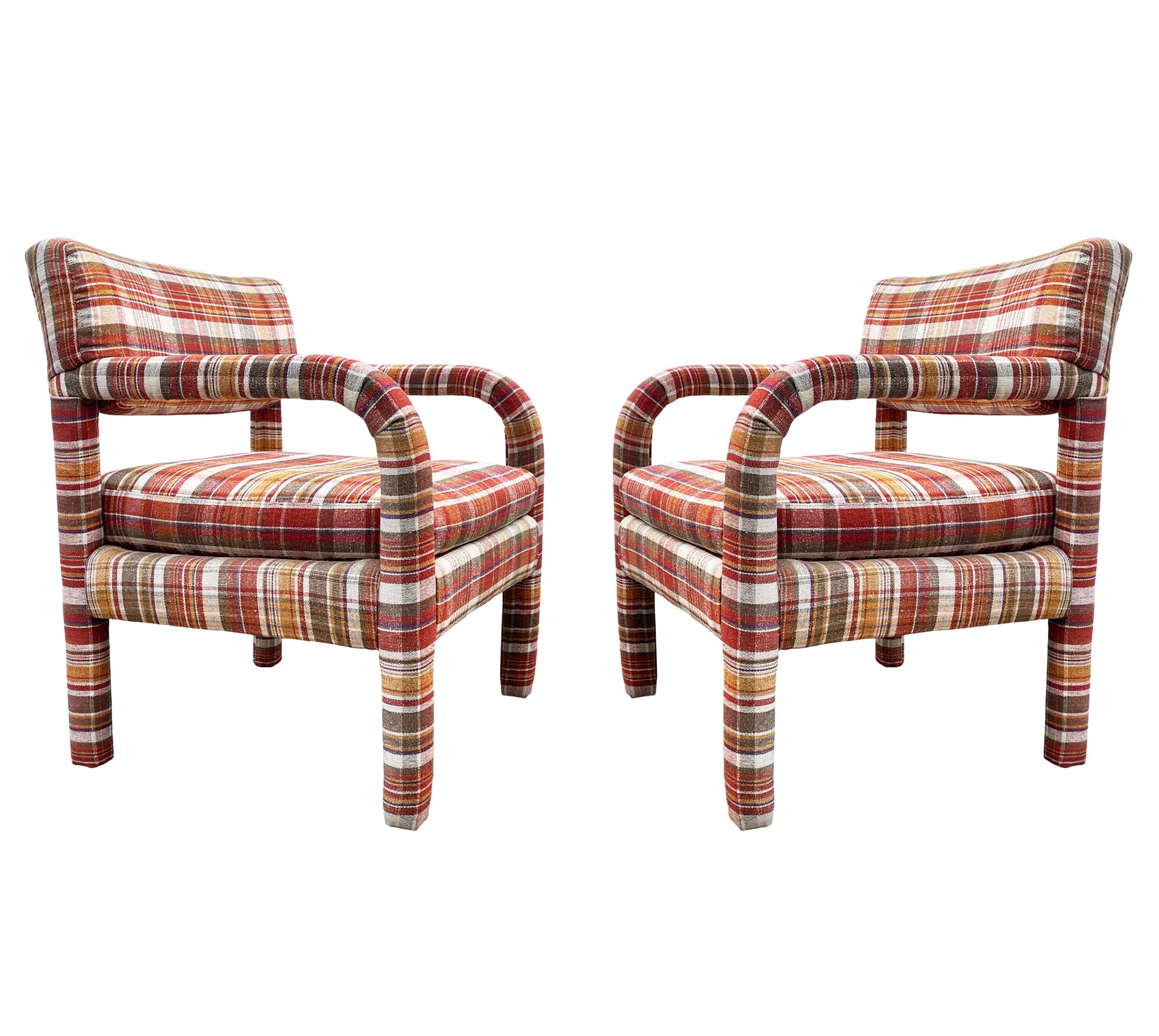 Fabric Matching Pair of Mid Century Modern Open Arm Parsons Style Lounge Chairs