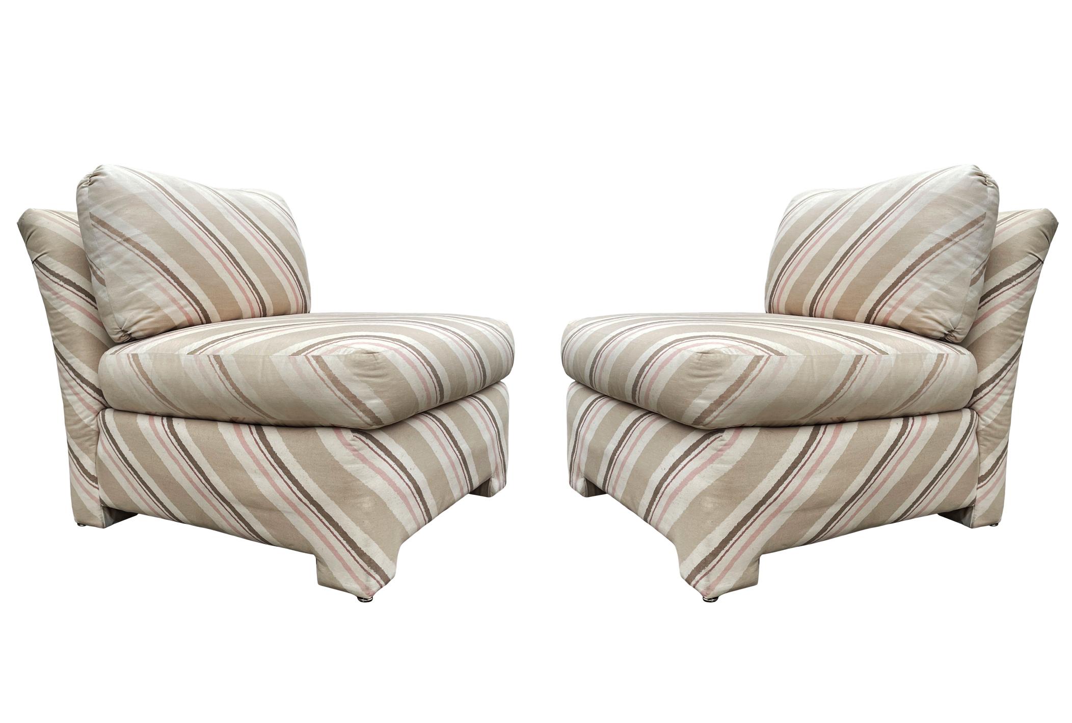 Fabric Matching Pair of Mid-Century Modern Parsons Slipper Lounge Chairs For Sale