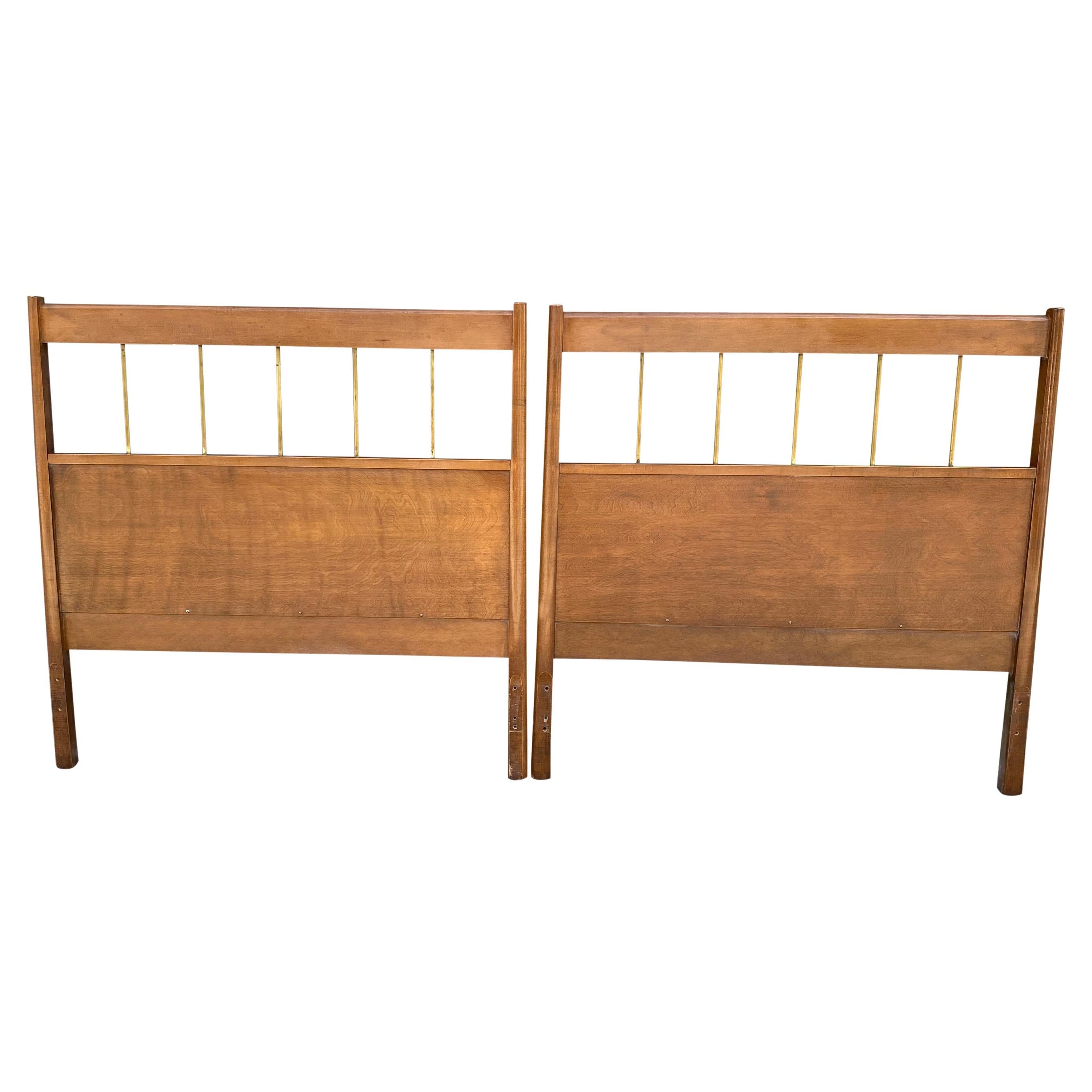 Matching Pair of Mid-Century Modern Paul McCobb Twin Bed Headboards Walnut Brass For Sale