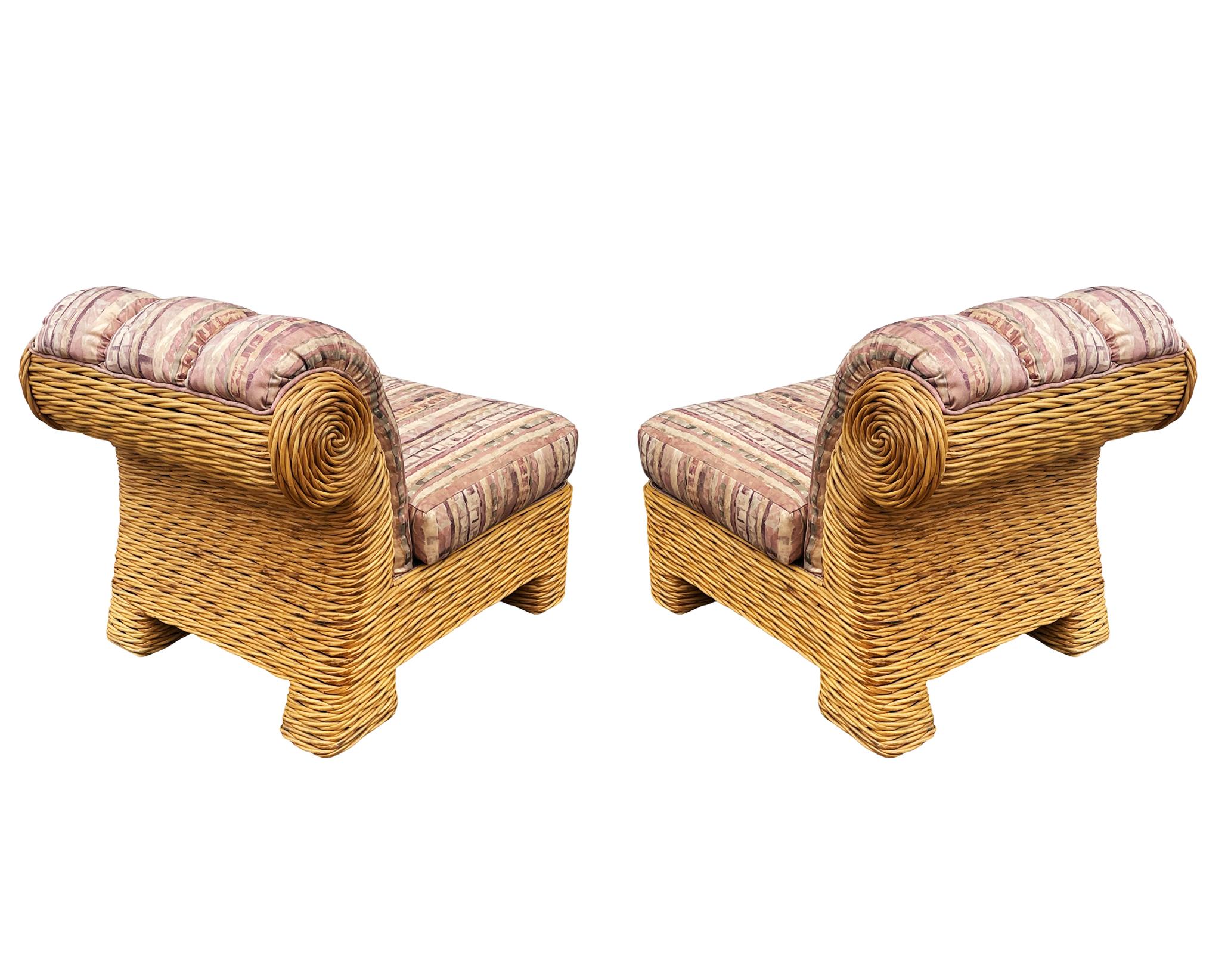 Matching Pair of Mid-Century Modern Slipper Lounge Chair in Rattan & Fabric 6
