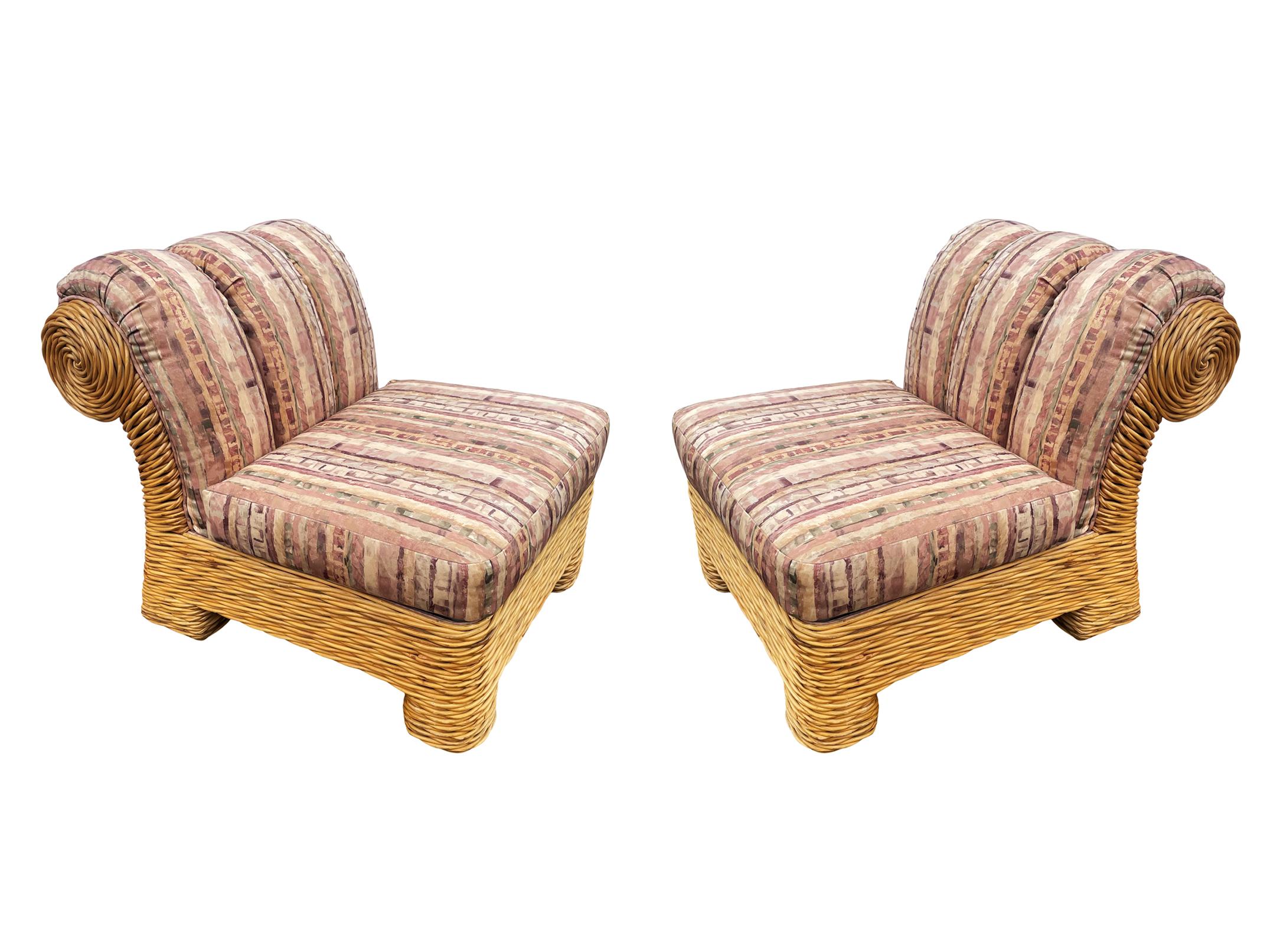 Late 20th Century Matching Pair of Mid-Century Modern Slipper Lounge Chair in Rattan & Fabric