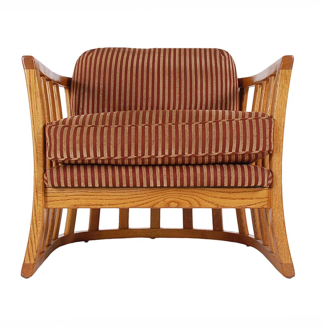 Fabric Matching Pair of Mid-Century Modern Spindle Back Barrel Lounge Chairs in Oak For Sale