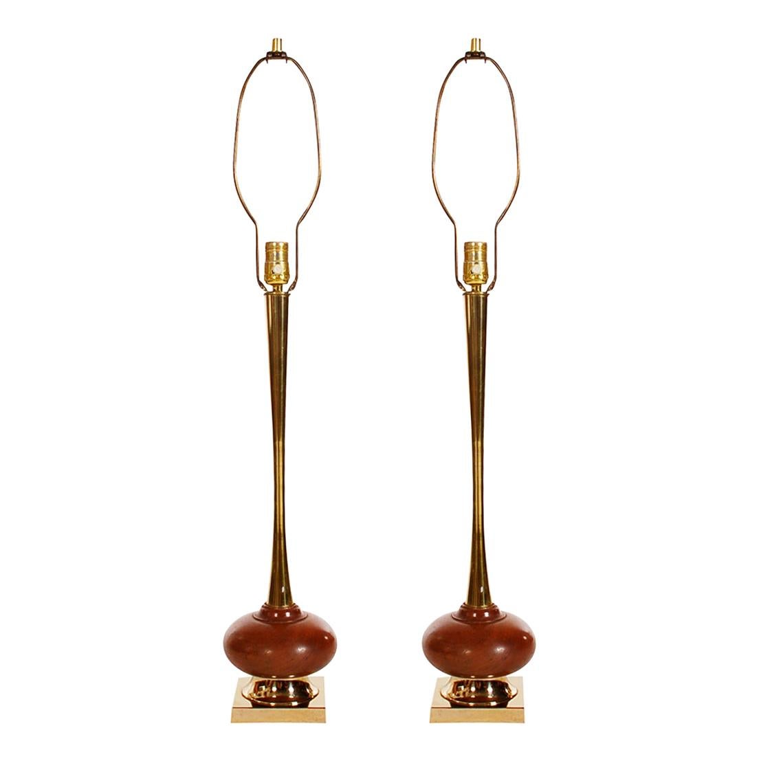 Matching Pair of Mid-Century Modern Tall Walnut and Brass Table Lamps