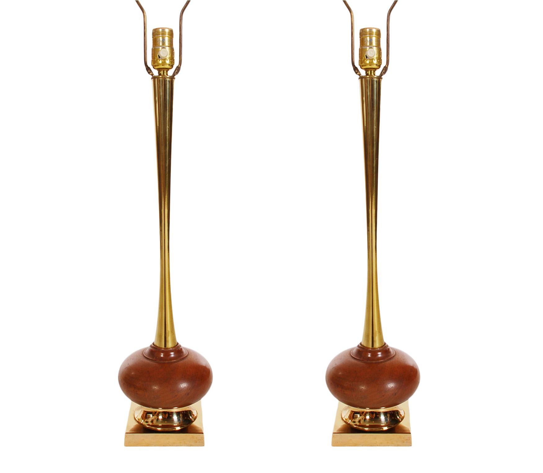 Matching Pair of Mid-Century Modern Tall Walnut and Brass Table Lamps 1