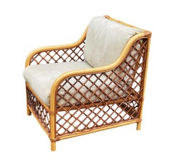 Matching Pair of Mid-Century Modern Two Tone Rattan Club Chairs or Lounge Chairs