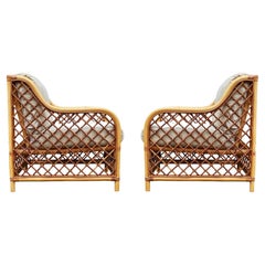 Matching Pair of Mid-Century Modern Two Tone Rattan Club Chairs or Lounge Chairs