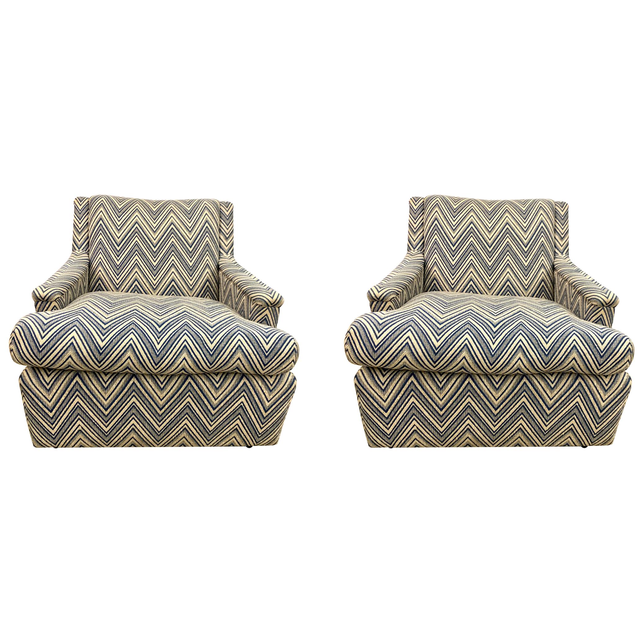 Matching Pair of Mid-Century Newly Upholstered Chevron Armchairs