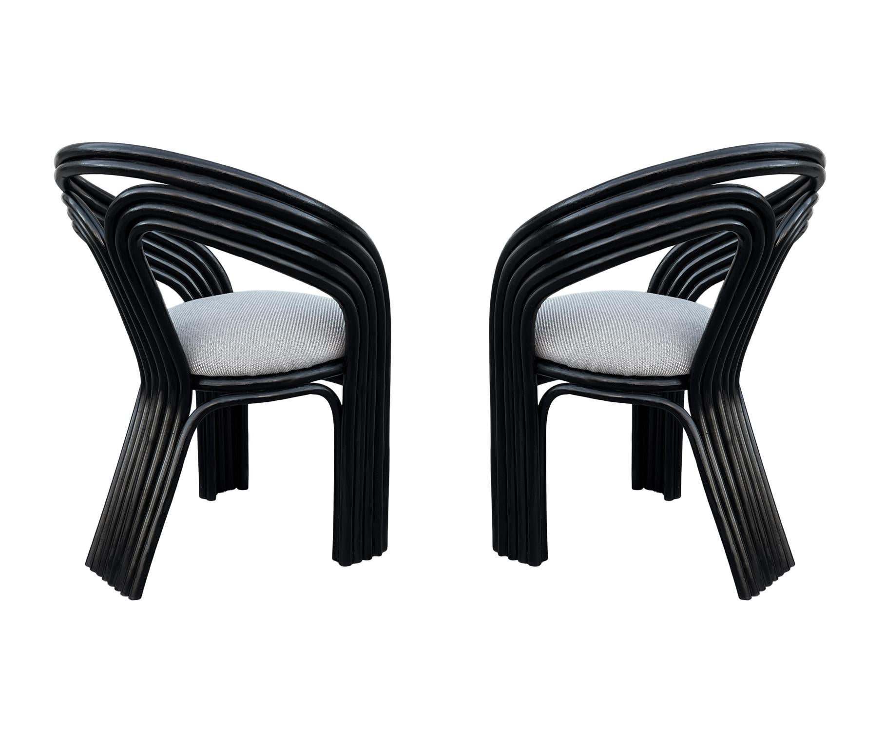 American Matching Pair of Mid-Century Post Modern Black Rattan Armchairs For Sale