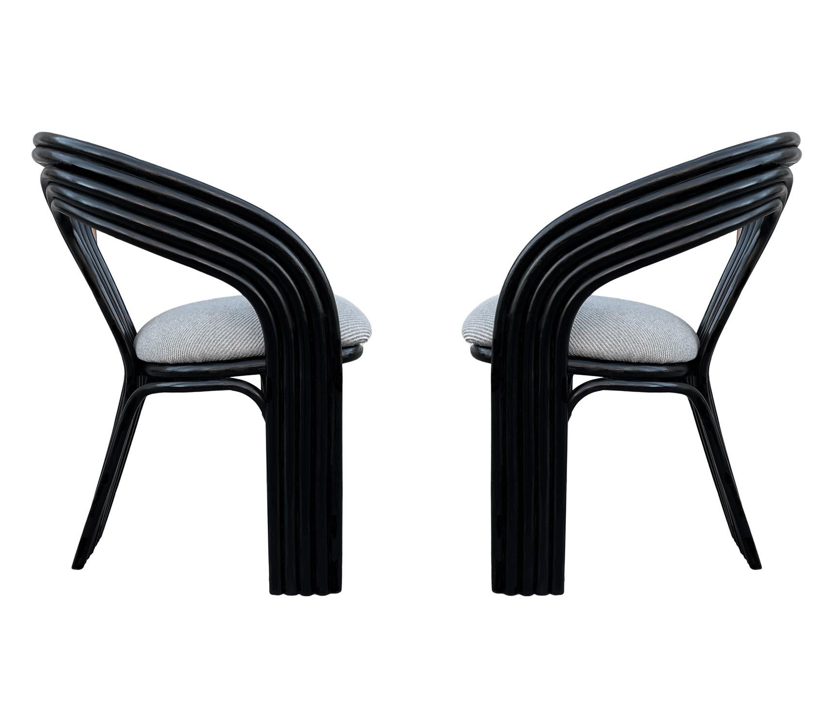 Matching Pair of Mid-Century Post Modern Black Rattan Armchairs For Sale 1