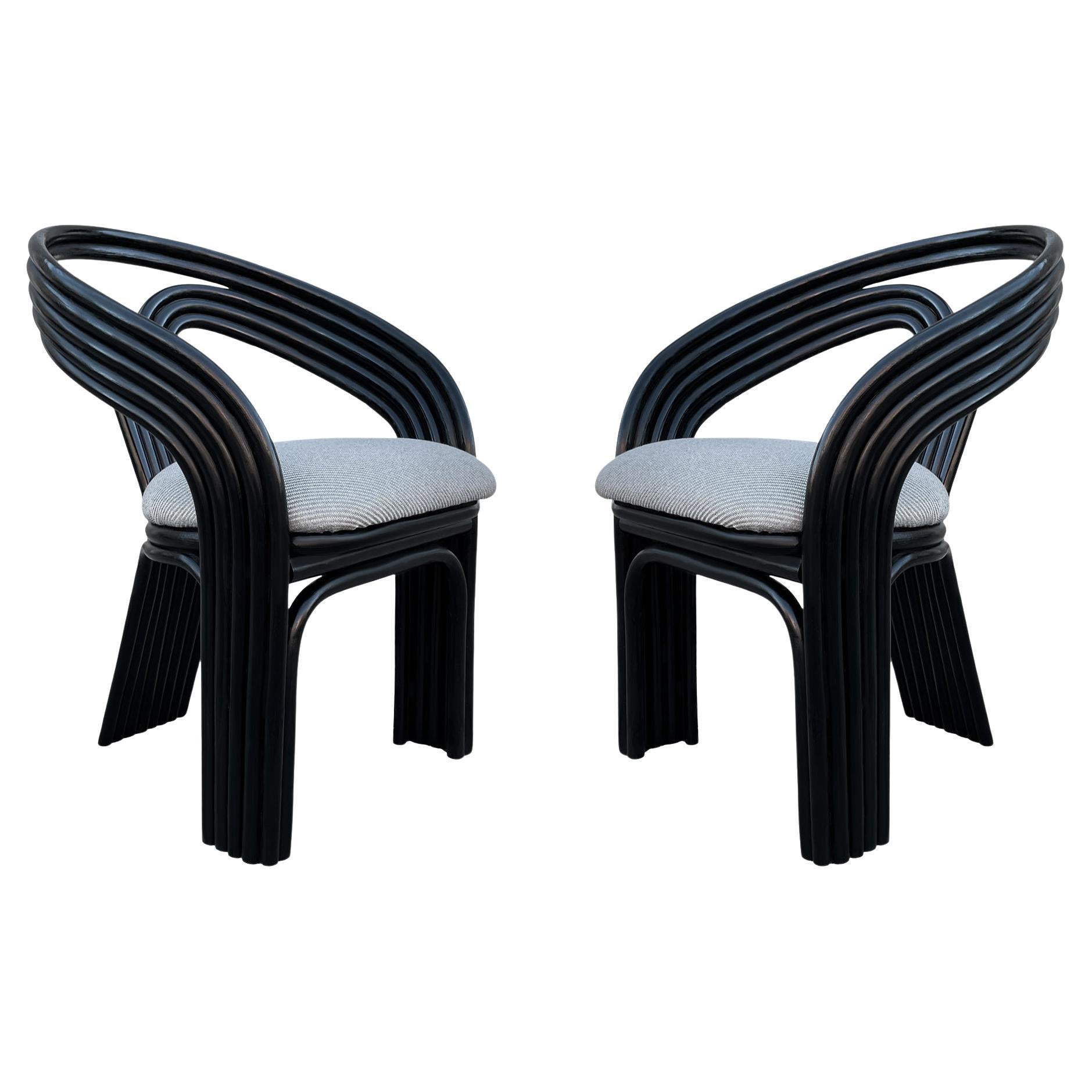 Matching Pair of Mid-Century Post Modern Black Rattan Armchairs