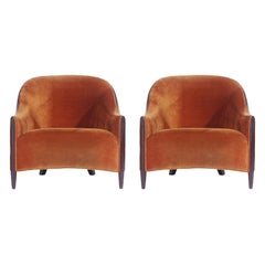 Matching Pair of Mid Century Velvet Bergere Lounge Chairs in Art Deco Form