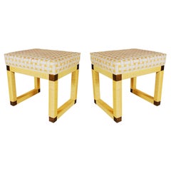 Matching Pair of Midcentury Hollywood Regency Yellow Rattan and Brass Bench Set