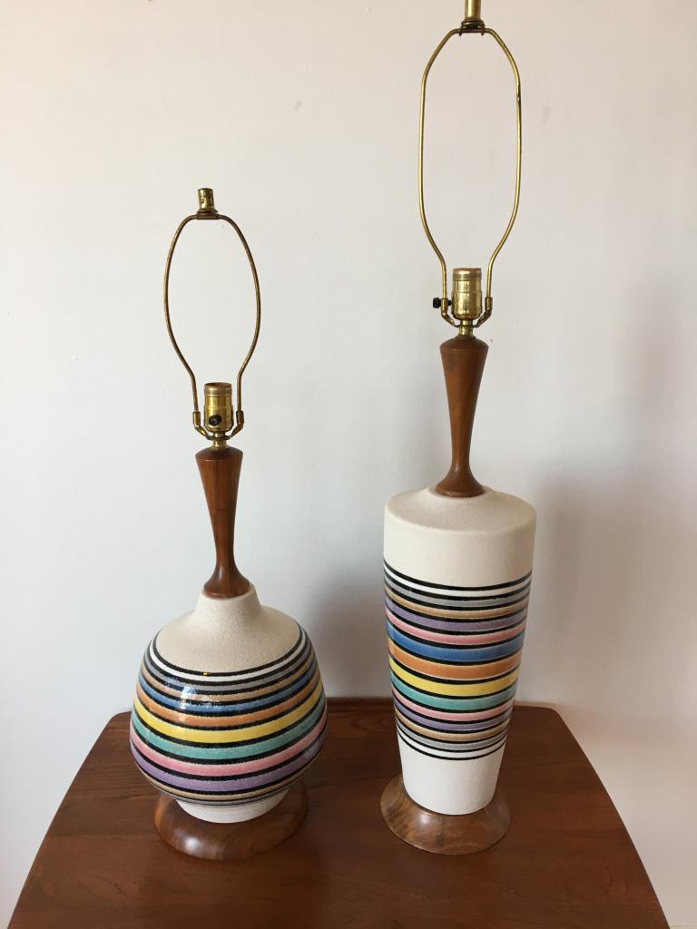 Matching pair of multicolored glazed ceramic lamps. Excellent condition.