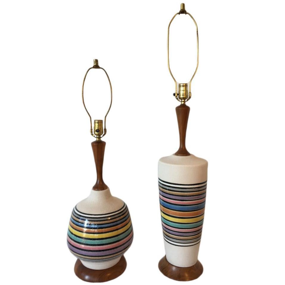 Matching Pair of Multicolored Glazed Ceramic Lamps