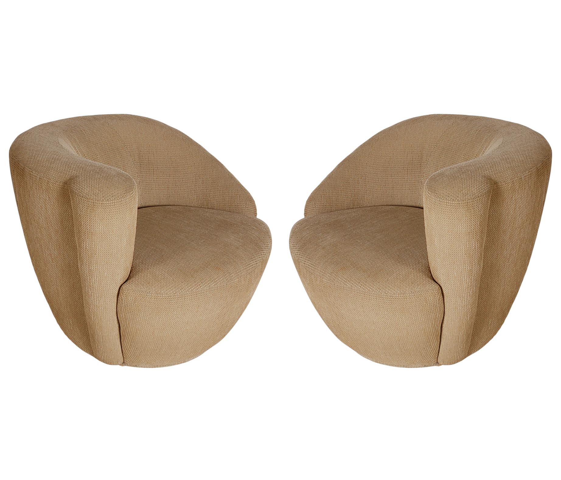 Fabric Matching Pair of Nautilus Swivel Lounge Chairs by Vladimir Kagan for Preview