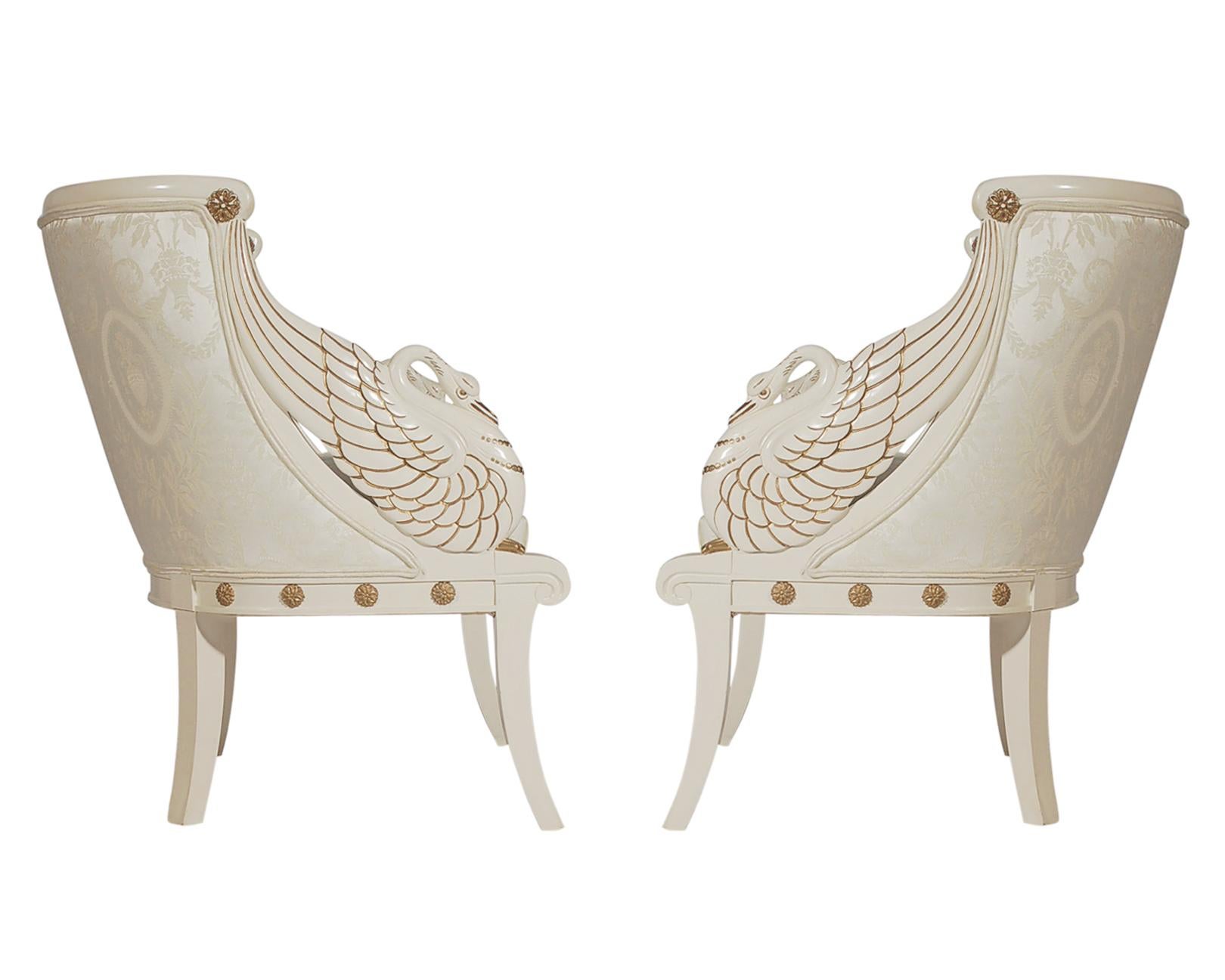 Matching Pair of Neoclassical Lacquered Carved Swan Armchair Lounge Chairs 4