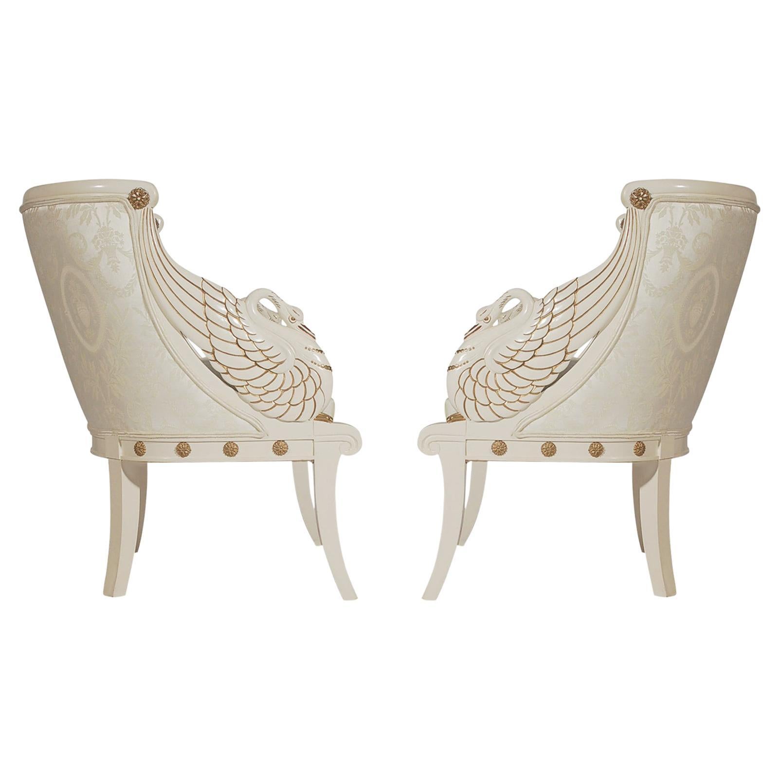Matching Pair of Neoclassical Lacquered Carved Swan Armchair Lounge Chairs