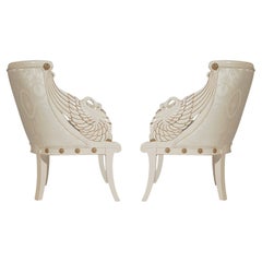 Matching Pair of Neoclassical Lacquered Carved Swan Armchair Lounge Chairs