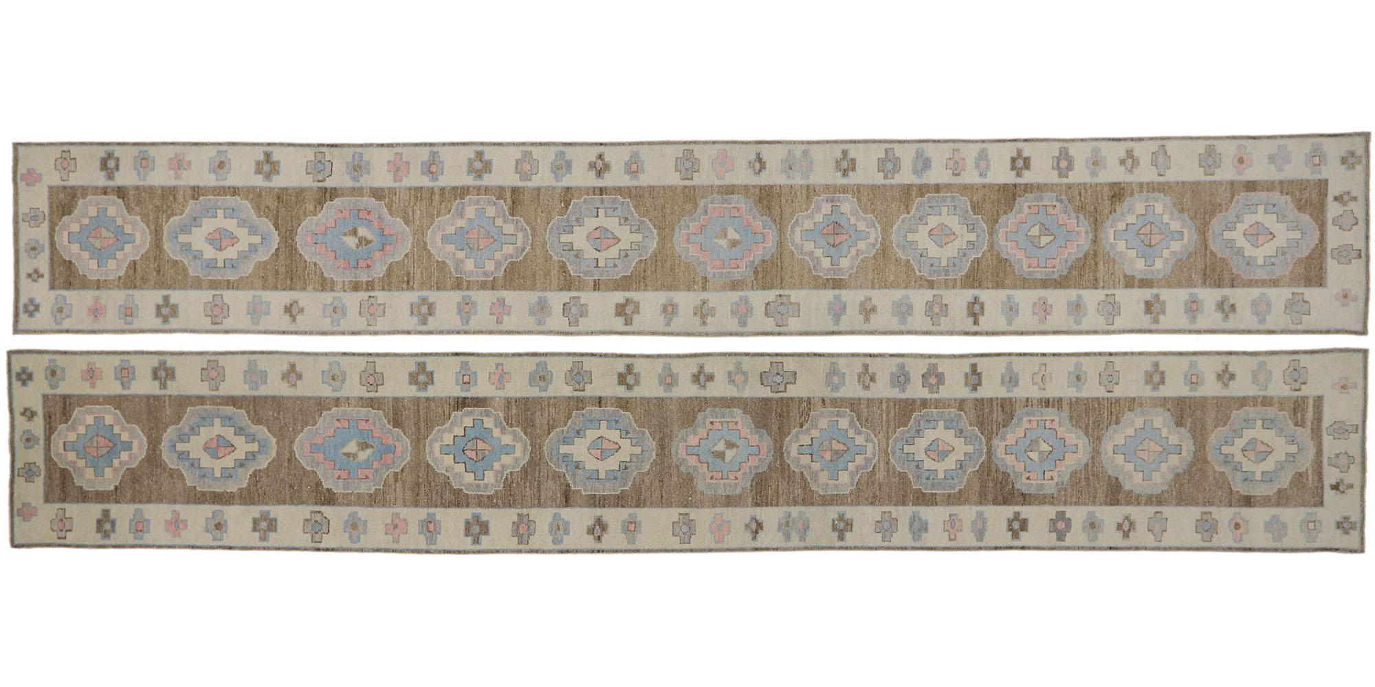 Matching Pair of New Contemporary Turkish Oushak Runner with Modern Style For Sale 8
