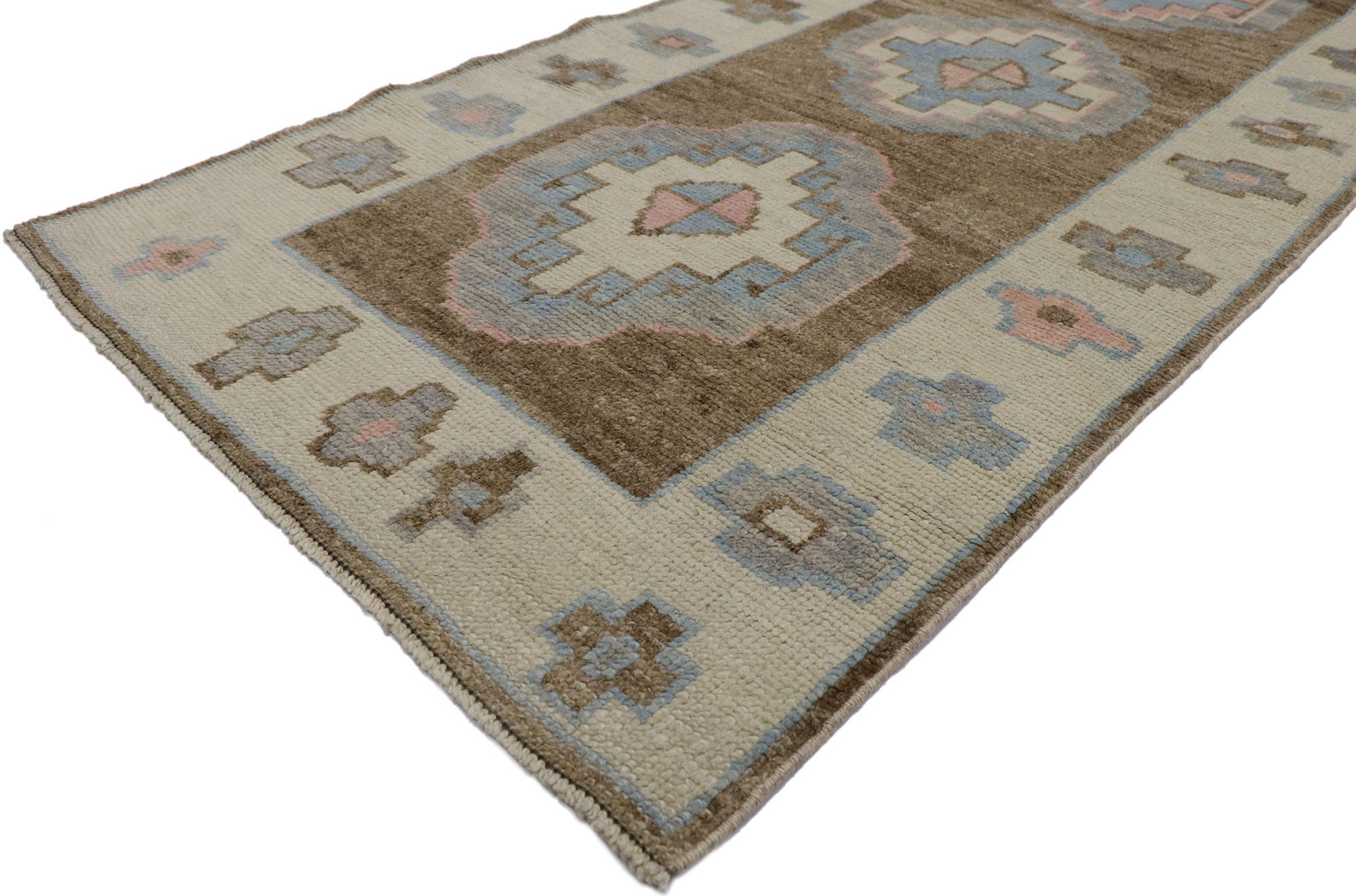 53587-53590 Matching Pair of New Contemporary Turkish Oushak Runners with Modern Style 03'00 x 20'05. This hand-knotted wool contemporary Turkish Oushak runner features an all-over geometric pattern spread across an abrashed camel and brown striated