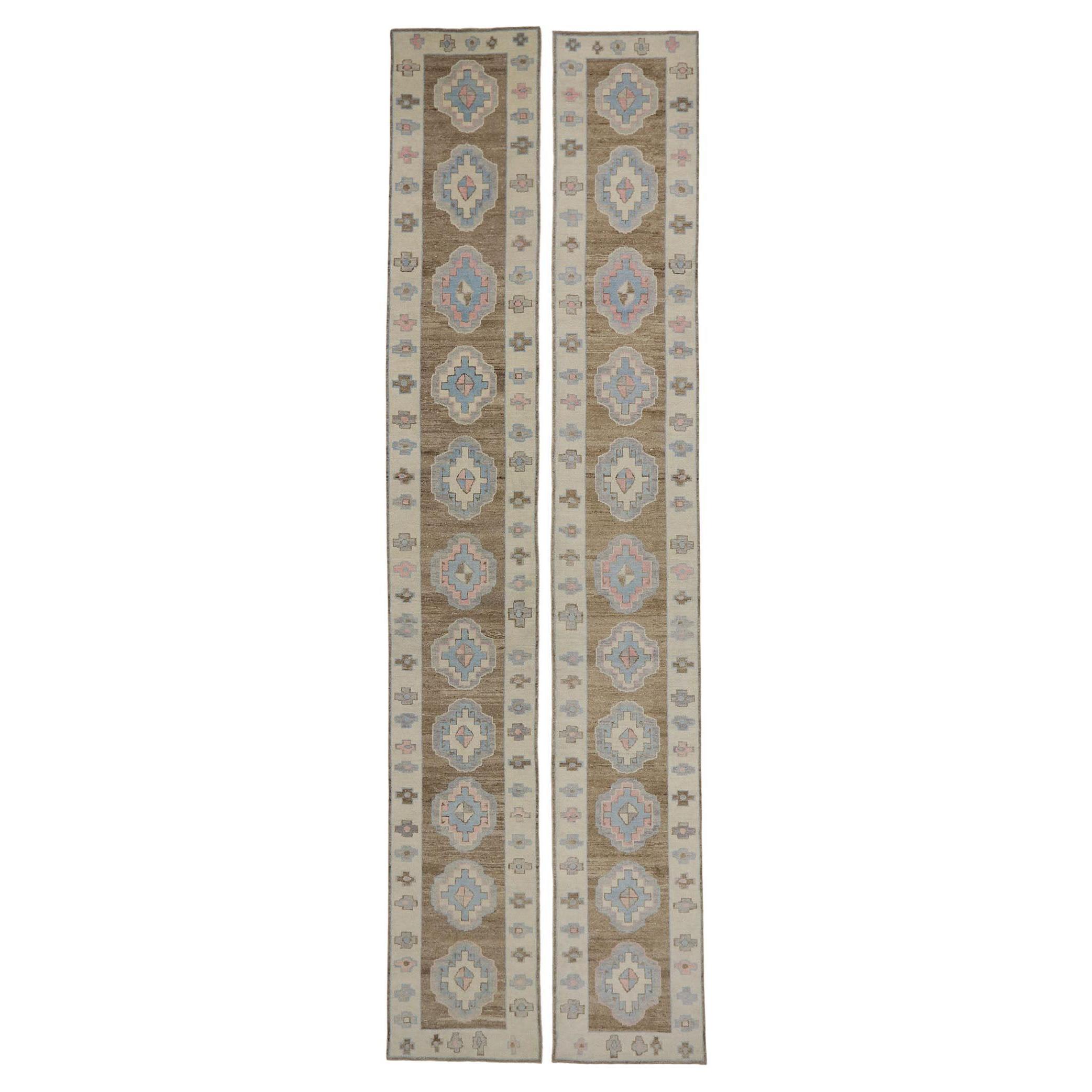 Matching Pair of New Contemporary Turkish Oushak Runner with Modern Style For Sale