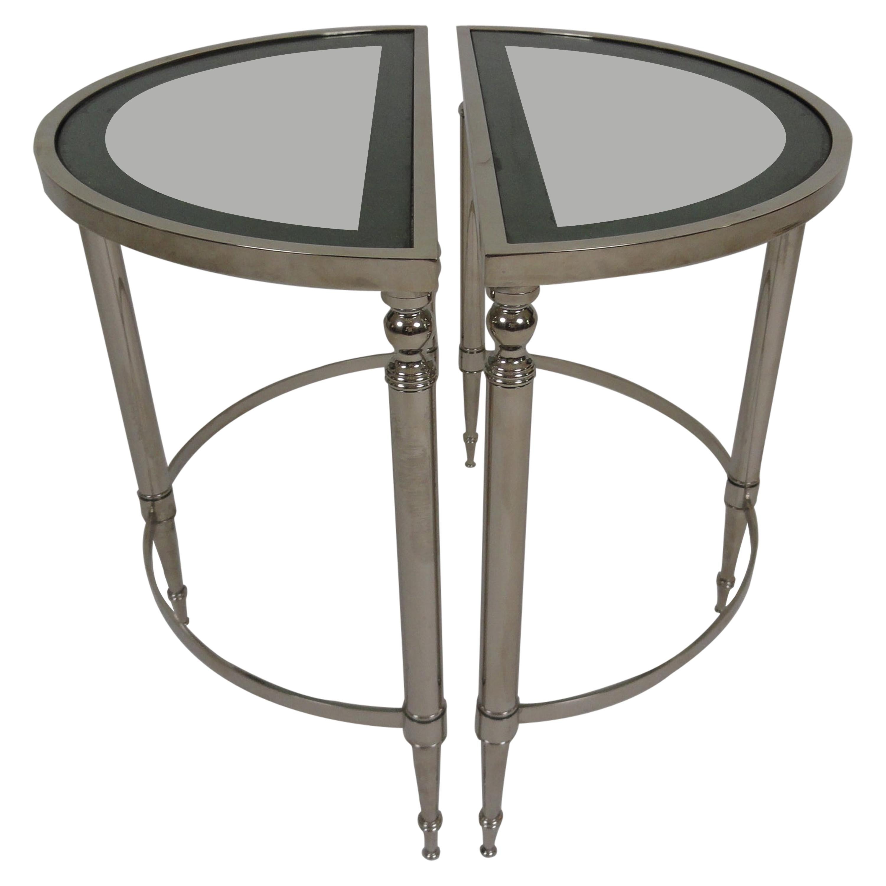 Matching Pair of Nickel-Plated Demilune Tables For Sale