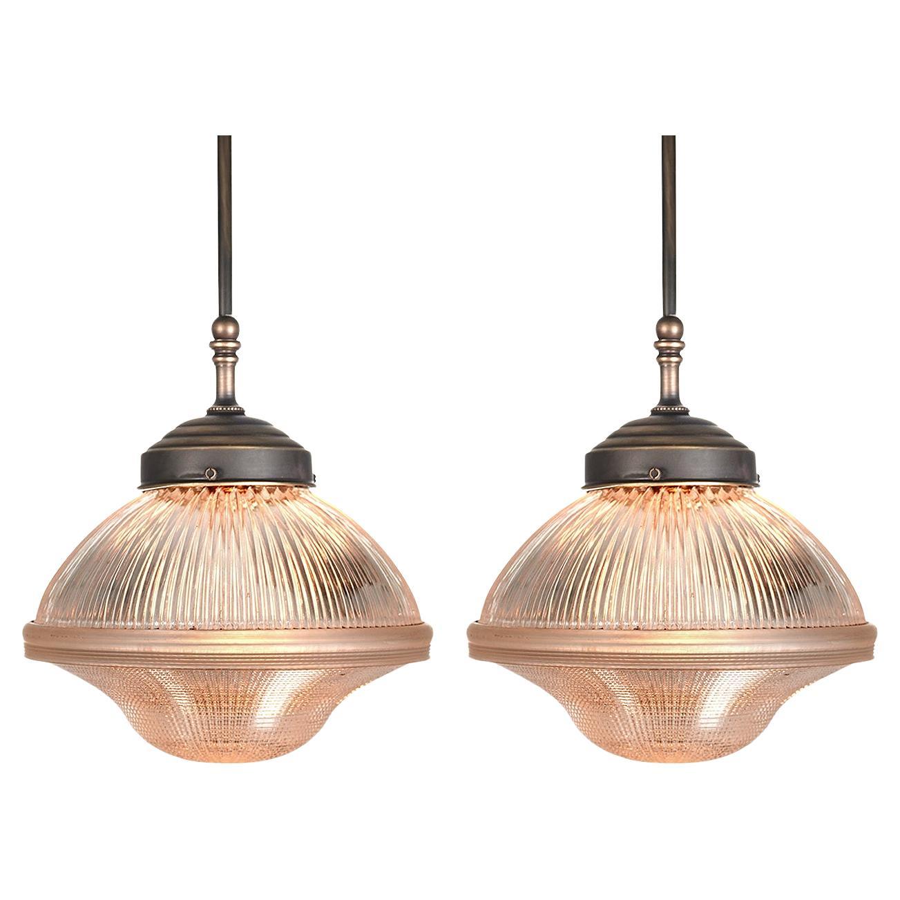 Matching Pair of One Piece Holophane Pendents