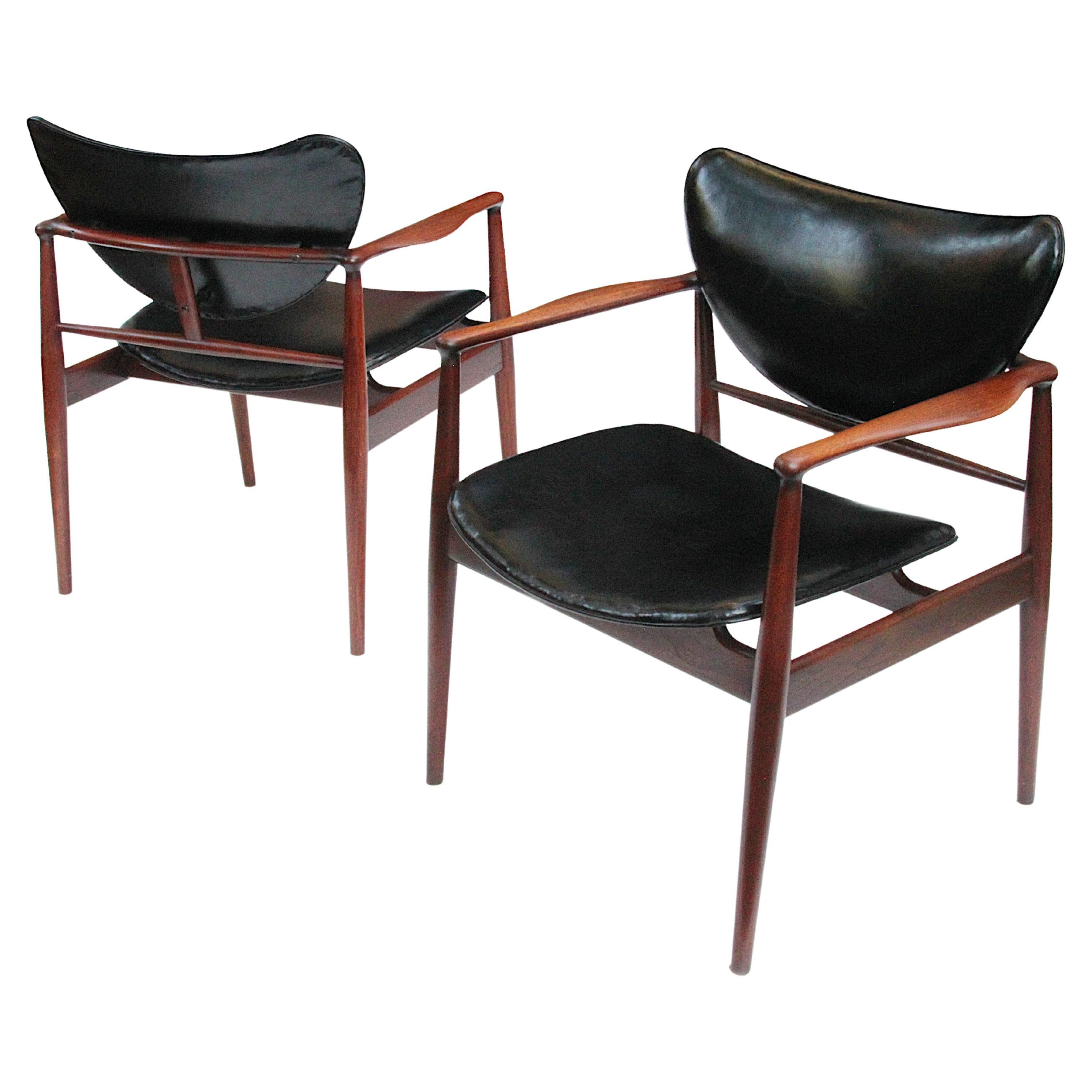 Matching Pair of Original Finn Juhl Model 48/400 1/2 Walnut Side Chairs by Baker